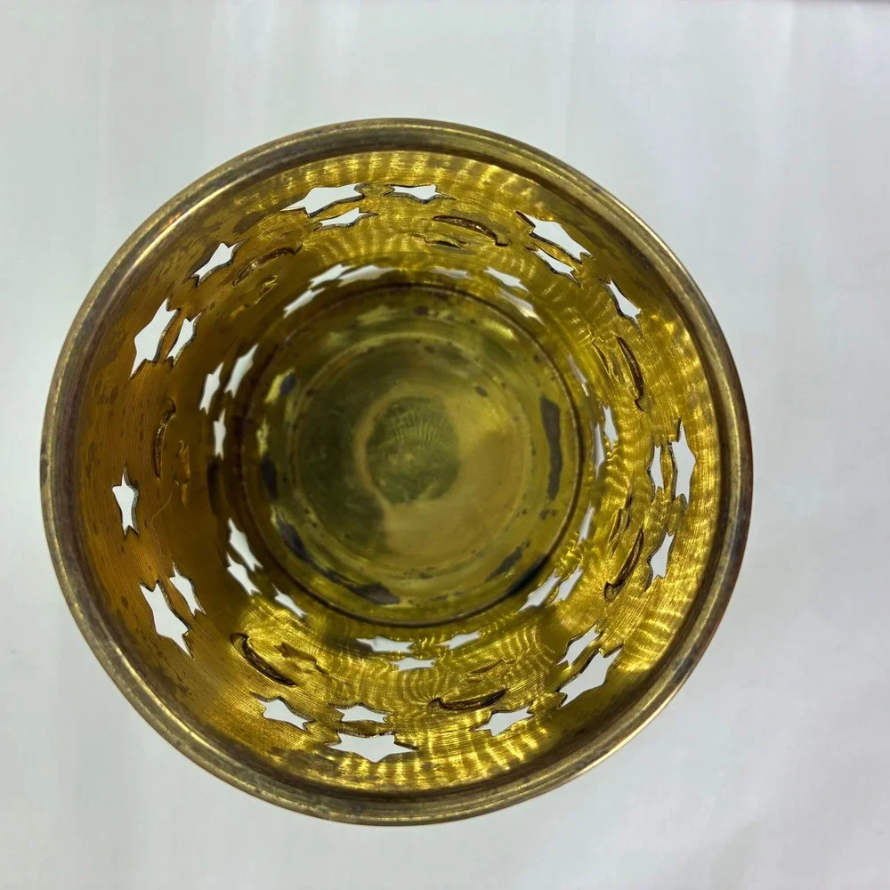 Vintage Brass Celestial Star and Moon Cutout Candle Holder Sleeve Patina Gold